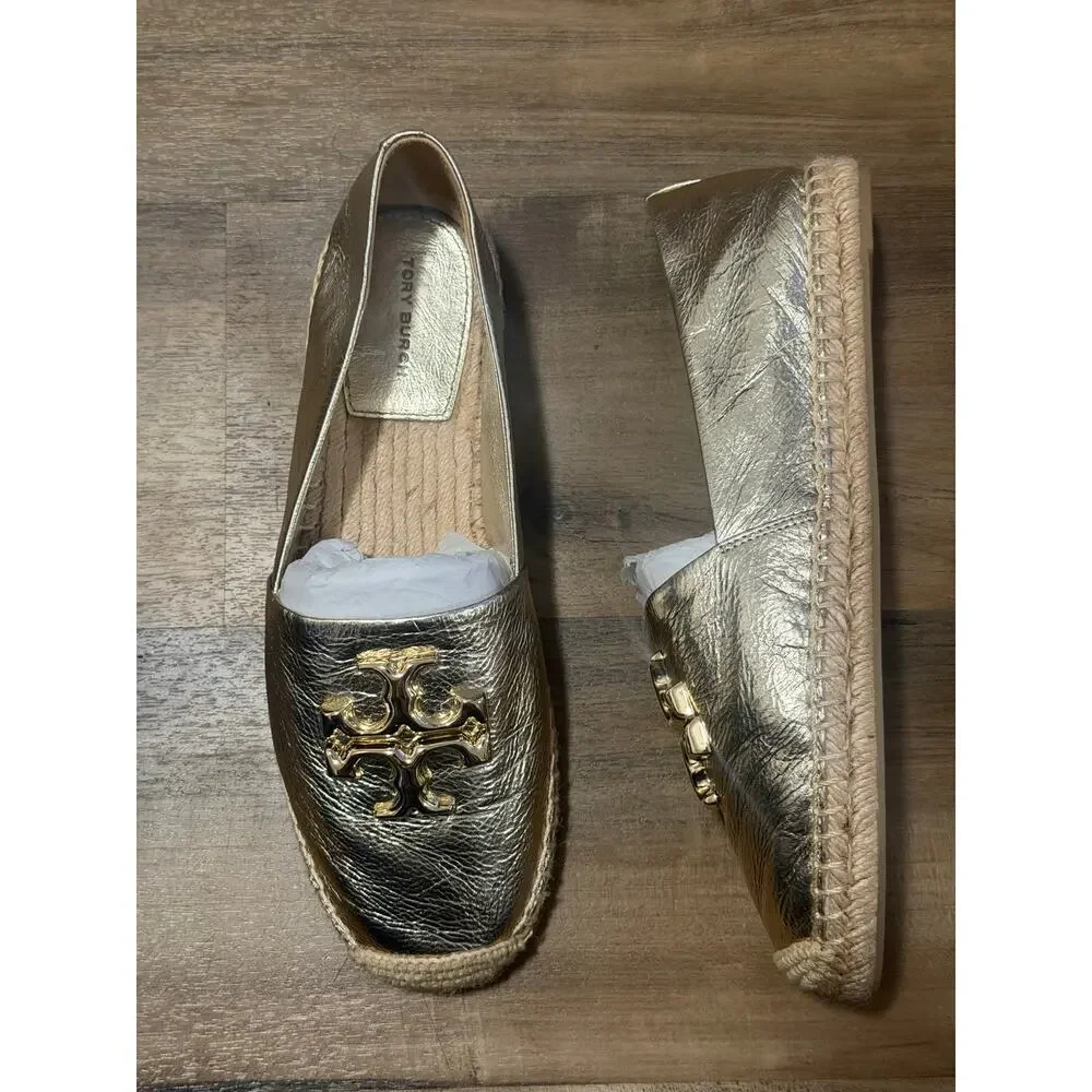 Tory Burch Eleanor Espadrille Metallic Leather Spark Gold Sz 8.5